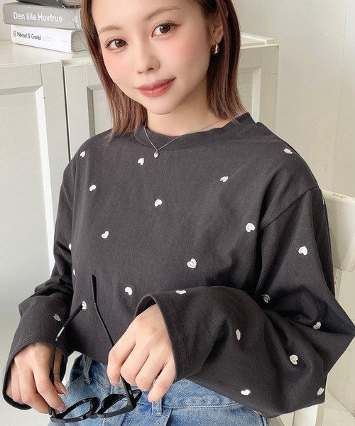 セール】綿100%天竺. ハート刺繍ロングTシャツ（Tシャツ