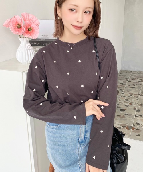セール】綿100%天竺. ハート刺繍ロングTシャツ（Tシャツ