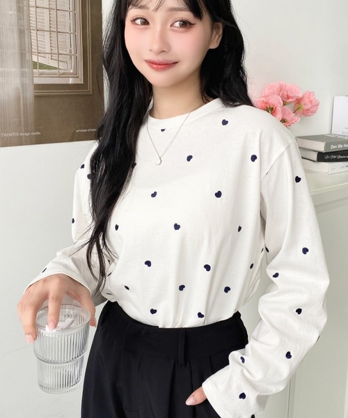 セール】綿100%天竺. ハート刺繍ロングTシャツ（Tシャツ