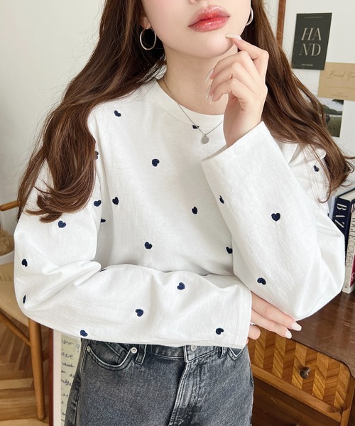 セール】綿100%天竺. ハート刺繍ロングTシャツ（Tシャツ