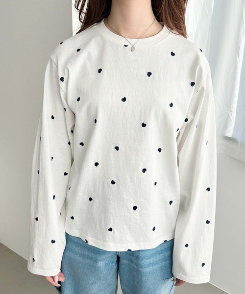 ホワイト長袖シャツ ハート刺繍 セール】綿100%天竺. ハート刺繍ロングTシャツ（Tシャツ/カットソー