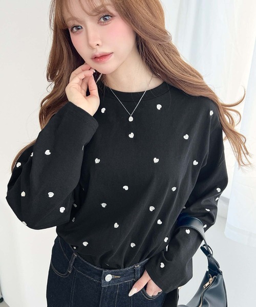 セール】綿100%天竺. ハート刺繍ロングTシャツ（Tシャツ/カットソー