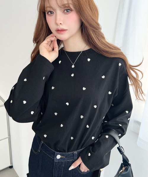 セール】綿100%天竺. ハート刺繍ロングTシャツ（Tシャツ/カットソー