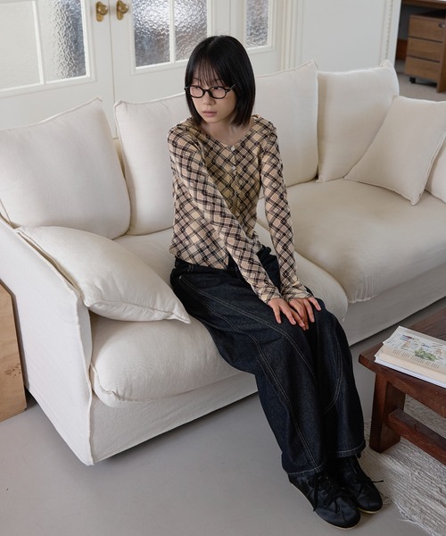 UNE MANSION(ユヌマンション)の「【UNE ORIGINAL】デイリーチェックシースールーカーディガン(カーディガン/ボレロ・レディース・ブラック/アイボリー/イエロー/ベージュ・FREE)」の13枚目の写真