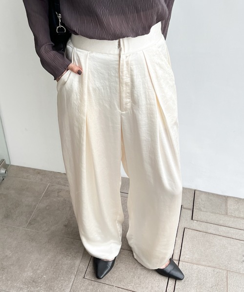 セール】サテンディープタックワイドパンツ(スラックス)|select セール】サテンディープタックワイドパンツ(スラックス)|select