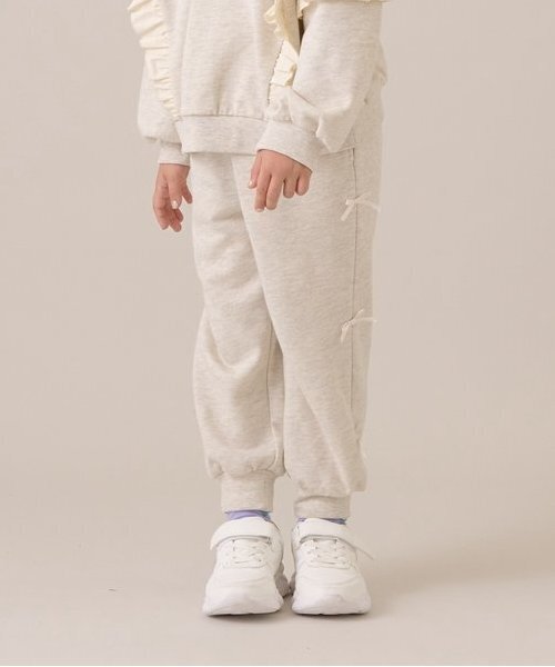 リボン付きベージュスウェットジャケット セール】【毛玉バイバイ】リボン付き裾リブスウェット（その他パンツ