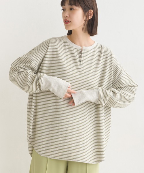 OMNES（オムネス）の「リブ裾ラウンドヘンリーネックプルオーバー（Tシャツ/カットソー・レディース・ブラック系その他/アイボリー/ブラック/グレー系その他/ホワイト系その他/ベージュ系その他/ホワイト系その他2/グレー/ベージュ×ブラック/ラベンダー・FREE）」の9枚目の写真