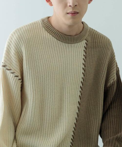 ITEMS URBANRESEARCH(アイテムズ アーバンリサーチ)の「ブランケットステッチ パッチワークニット(ニット/セーター・メンズ・ホワイト/ブラック・MEDIUM/LARGE)」の3枚目の写真