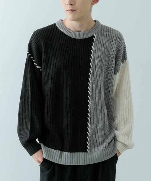 ITEMS URBANRESEARCH(アイテムズ アーバンリサーチ)の「ブランケットステッチ パッチワークニット(ニット/セーター・メンズ・ホワイト/ブラック・MEDIUM/LARGE)」の14枚目の写真