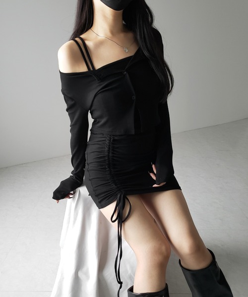 me+em select（ミームセレクト）の「【  ２点セット 】シャーリングサイドリボンミニワンピース ＆ カーディガン SET ／ shirring side ribbon mini onepiece ＆ cardigan SET（ワンピース・レディース・ブラック/グレー・FREE）」の22枚目の写真