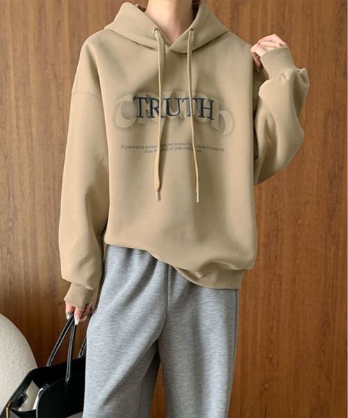 kirakiraShop(キラキラショップ)の「ロゴ スウェット フーディー パーカー(パーカー・レディース・チャコール/ベージュ/ピンク/ライトグリーン/オフホワイト・FREE)」の12枚目の写真