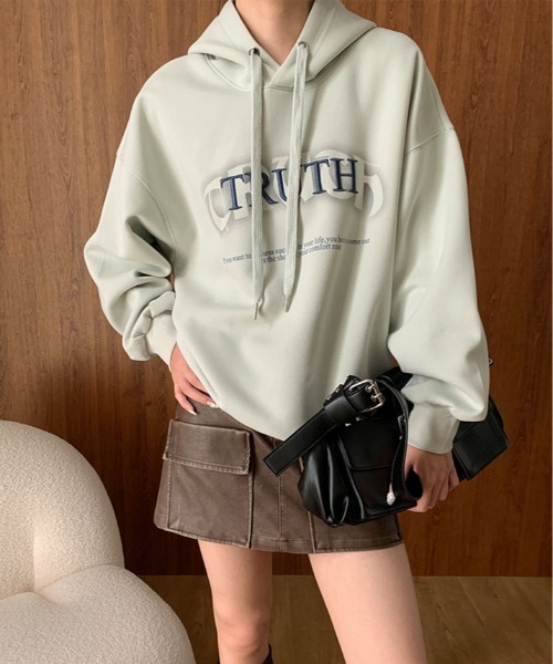 kirakiraShop(キラキラショップ)の「ロゴ スウェット フーディー パーカー(パーカー・レディース・チャコール/ベージュ/ピンク/ライトグリーン/オフホワイト・FREE)」の17枚目の写真