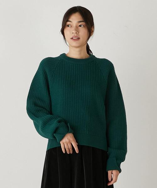 MELROSE claire（メルローズ クレール）の「【リサイクルアクリル地柄編みラグランクルーネックニット】（ニット/セーター・レディース・グリーン/イエロー/オフホワイト・FREE）」の2枚目の写真