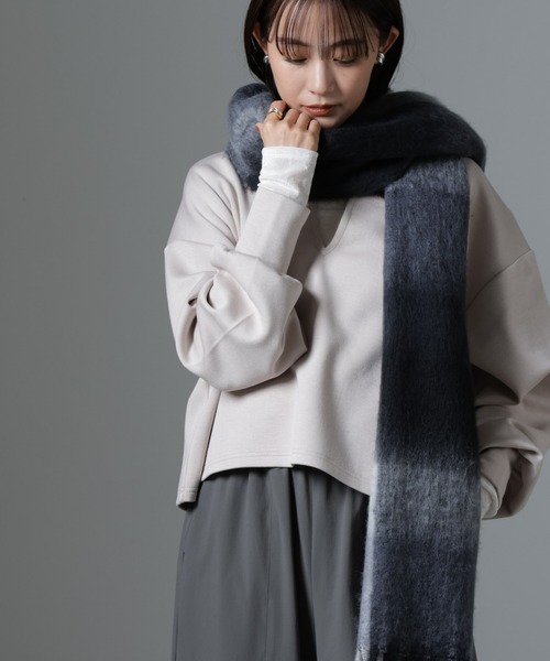 セール】裏起毛ダンボールカットキーネックトップス