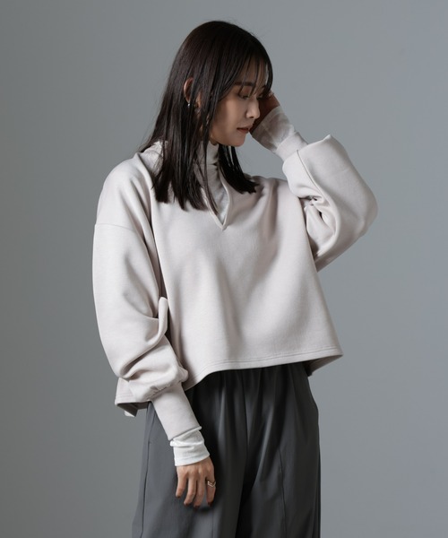 NANO universe（ナノユニバース）の「裏起毛ダンボールカットキーネックトップス（セットアップ可）（Tシャツ/カットソー・レディース・ブラック/ベージュ/キャメル・FREE）」の7枚目の写真