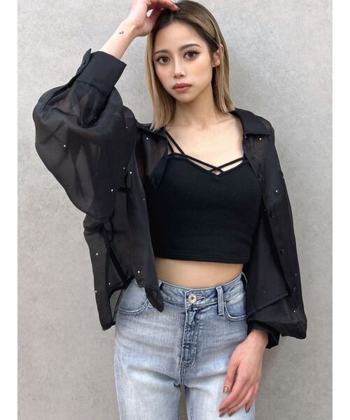 GYDA（ジェイダ）の「シアーラインストーンショートシャツ（シャツ/ブラウス・レディース・オフホワイト/スカイブルー/ブラック・FREE）」の9枚目の写真