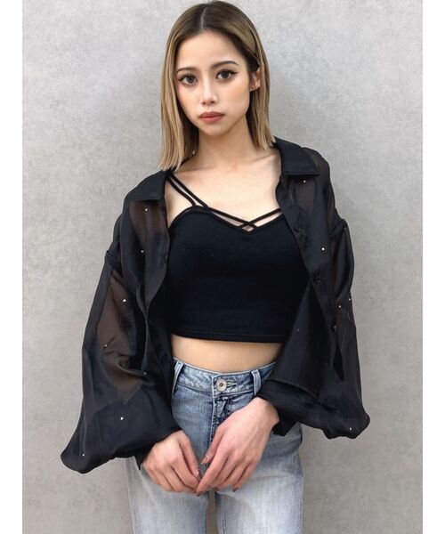 GYDA（ジェイダ）の「シアーラインストーンショートシャツ（シャツ/ブラウス・レディース・オフホワイト/スカイブルー/ブラック・FREE）」の10枚目の写真