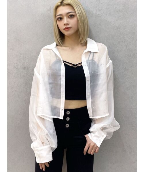 GYDA（ジェイダ）の「シアーラインストーンショートシャツ（シャツ/ブラウス・レディース・オフホワイト/スカイブルー/ブラック・FREE）」の14枚目の写真