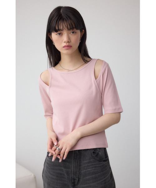 AZUL by moussy(アズールバイマウジー)の「デザインネックショートTシャツ(Tシャツ/カットソー・レディース・オフホワイト/ブルー/ブラック/ライトピンク・FREE)」の14枚目の写真