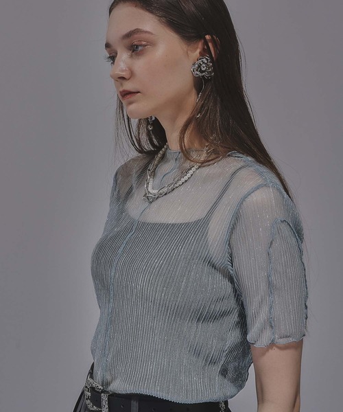 HARE（ハレ）の「ラメプリーツシアートップス(HARE)（Tシャツ/カットソー・レディース・ライトブルー/ブラック×シルバー/ブルー系その他/レッド/ブラック/ブルー/オレンジ・FREE）」の4枚目の写真