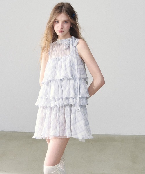 最終値下げブラウンチェック柄ミニワンピースBalloon Tunic ブラウンチェックプリーツミニワンピース | mignon ange