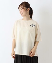 コットン天竺 花刺繍入り5分袖プルオーバー