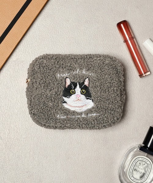セール】【SETUP7】e.e.p.ボア アニマル刺繍 ポーチ 猫 ペルシャ