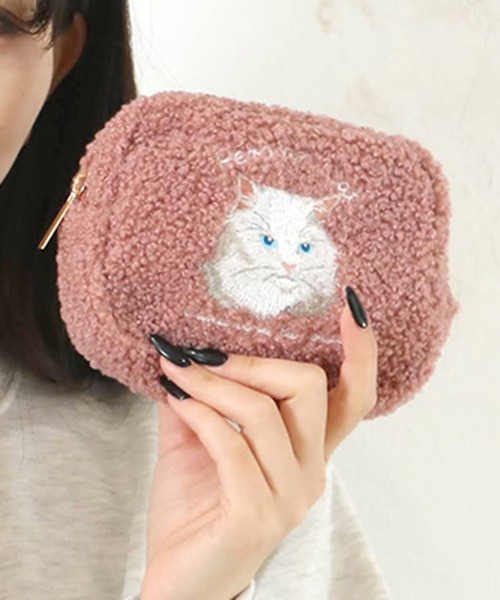 セール】【SETUP7】e.e.p.ボア アニマル刺繍 ポーチ 猫 ペルシャ