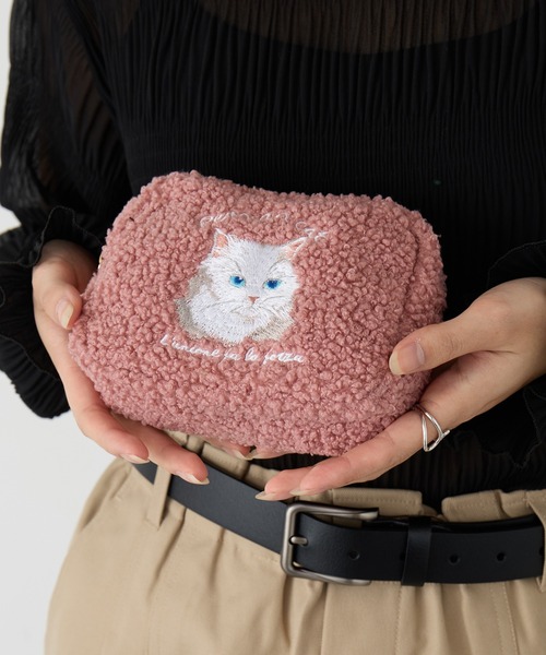 セール】【SETUP7】e.e.p.ボア アニマル刺繍 ポーチ 猫 ペルシャ