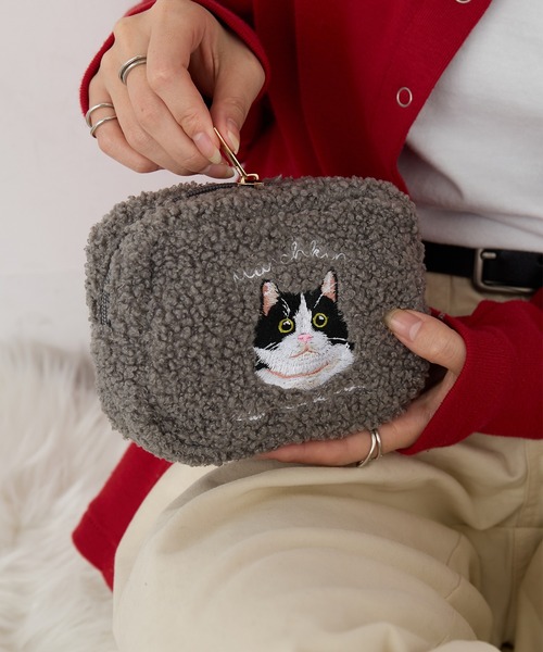 セール】【SETUP7】e.e.p.ボア アニマル刺繍 ポーチ 猫 ペルシャ