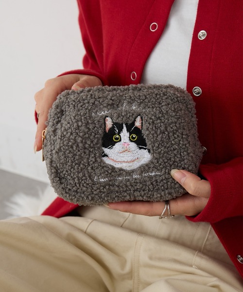 セール】【SETUP7】e.e.p.ボア アニマル刺繍 ポーチ 猫 ペルシャ
