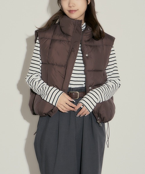 セール】スクエア型キルティング ハイネック短丈ダウンベスト（ダウン