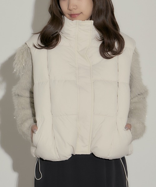 セール】スクエア型キルティング ハイネック短丈ダウンベスト（ダウン