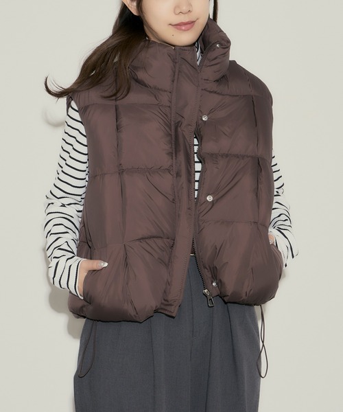 セール】スクエア型キルティング ハイネック短丈ダウンベスト（ダウン