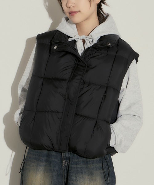 セール】スクエア型キルティング ハイネック短丈ダウンベスト（ダウン