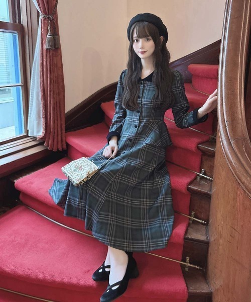 別珍ラペルペプラムチェックワンピース（ワンピース）｜an