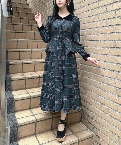 別珍ラペルペプラムチェックワンピース（ワンピース）｜an another