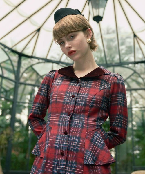 セール】別珍ラペルペプラムチェックワンピース/fint フィント