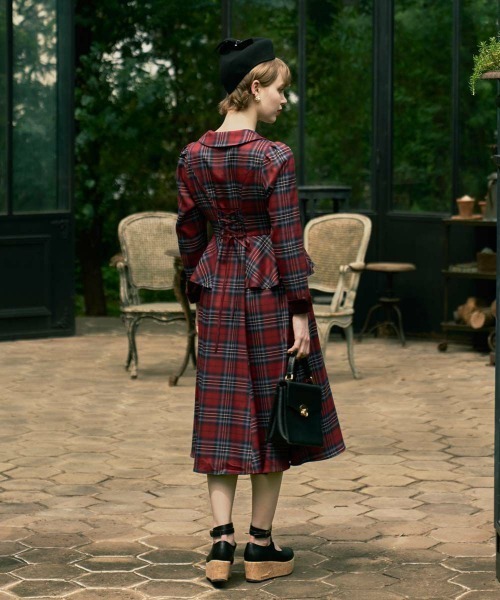 an another angelus 別珍ラペルペプラムチェックワンピース 別珍ラペルペプラムチェックワンピース（ワンピース）｜an another