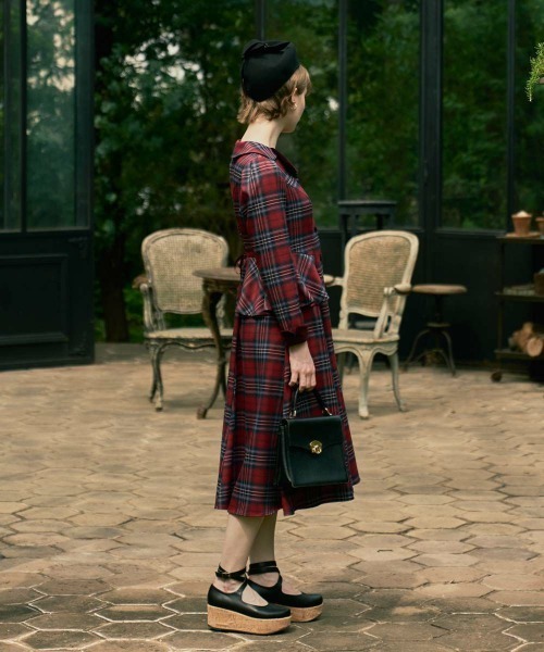 別珍ラペルペプラムチェックワンピース（ワンピース）｜an another