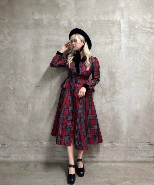 別珍ラペルペプラムチェックワンピース（ワンピース）｜an another