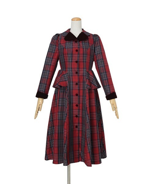 セール】別珍ラペルペプラムチェックワンピース/fint フィント