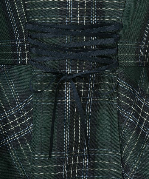 新品】別珍ラペルペプラムチェックワンピース グリーン 新品】別珍