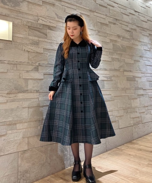 別珍ラペルペプラムチェックワンピース（ワンピース）｜an another