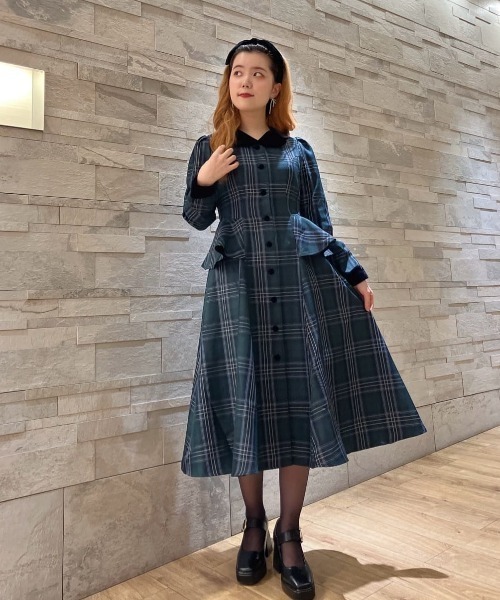 別珍ラペルペプラムチェックワンピース（ワンピース）｜an another