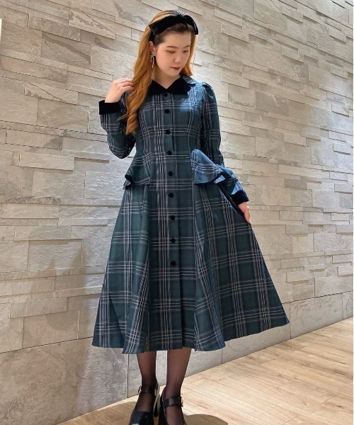 別珍ラペルペプラムチェックワンピース（ワンピース）｜an another