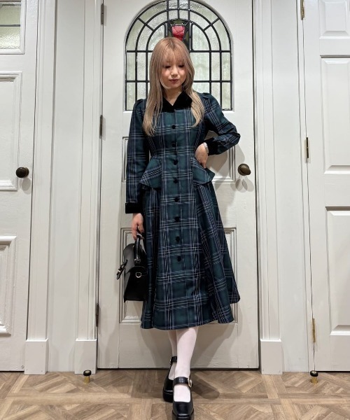 セール】別珍ラペルペプラムチェックワンピース/fint フィント