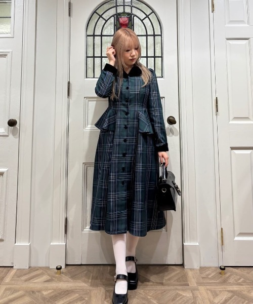セール】別珍ラペルペプラムチェックワンピース/fint フィント