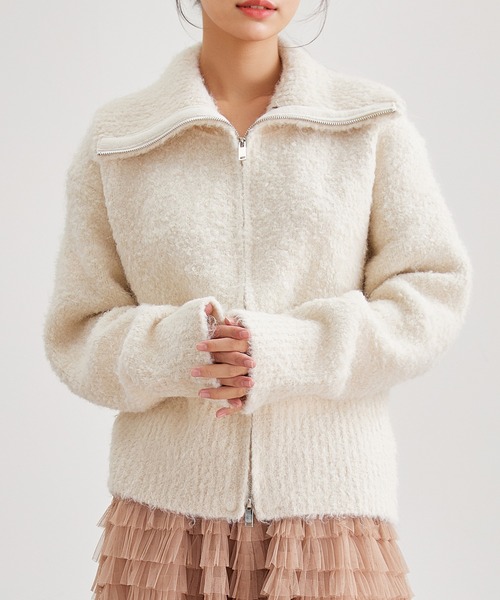 Lace Ladies（レースレディース）の「ウール混 ビッグカラー ダブルジップ ニット トップス（カーディガン/ボレロ・レディース・チャコールグレー/アイボリー・FREE）」の2枚目の写真