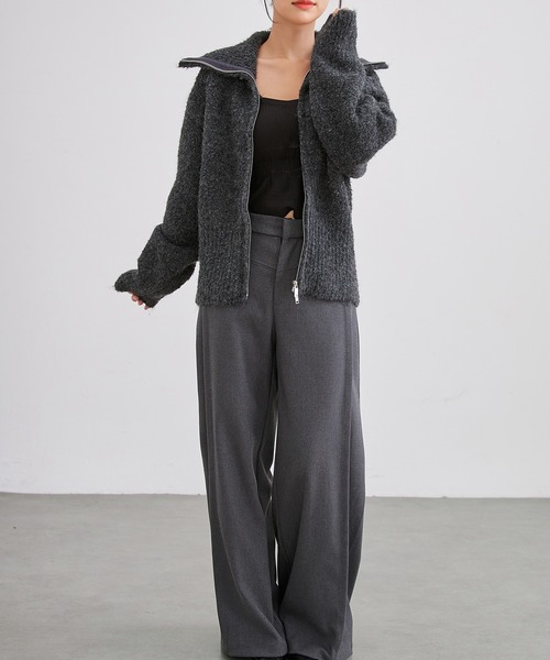 Lace Ladies（レースレディース）の「ウール混 ビッグカラー ダブルジップ ニット トップス（カーディガン/ボレロ・レディース・チャコールグレー/アイボリー・FREE）」の12枚目の写真